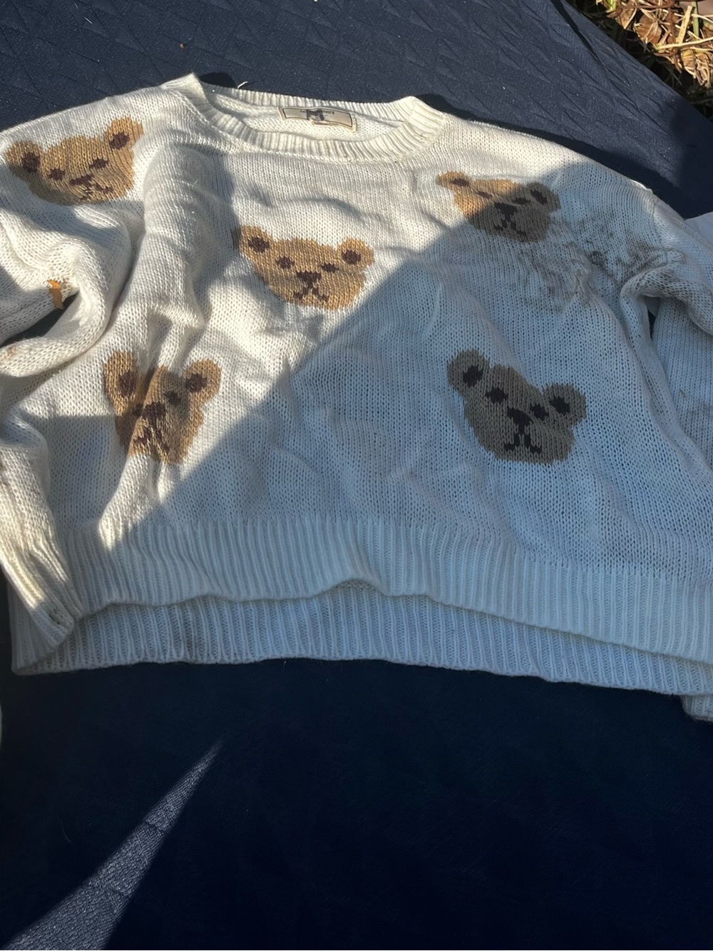 Cream Bear-Pattern Knit Crewneck Sweater - Kids